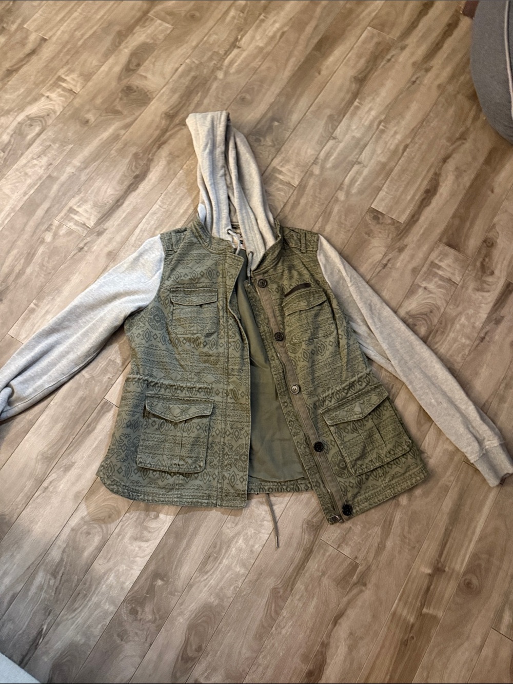 Triple Five Soul Olive Green Jacket with Gray Hoodie Sleeves